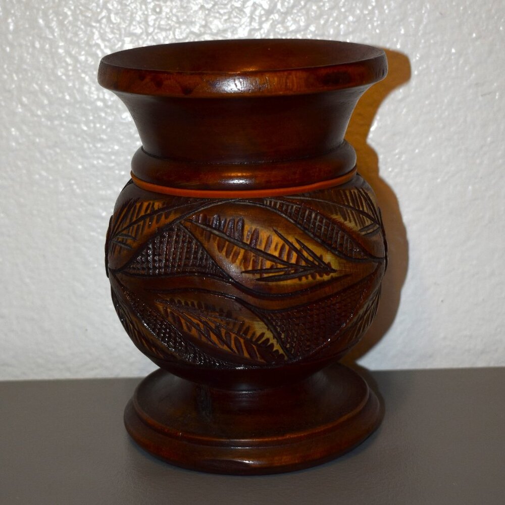 Unbranded Hand Carved Wooden Vase Home Decor Brown Excellent‎ Etched Floral Boho